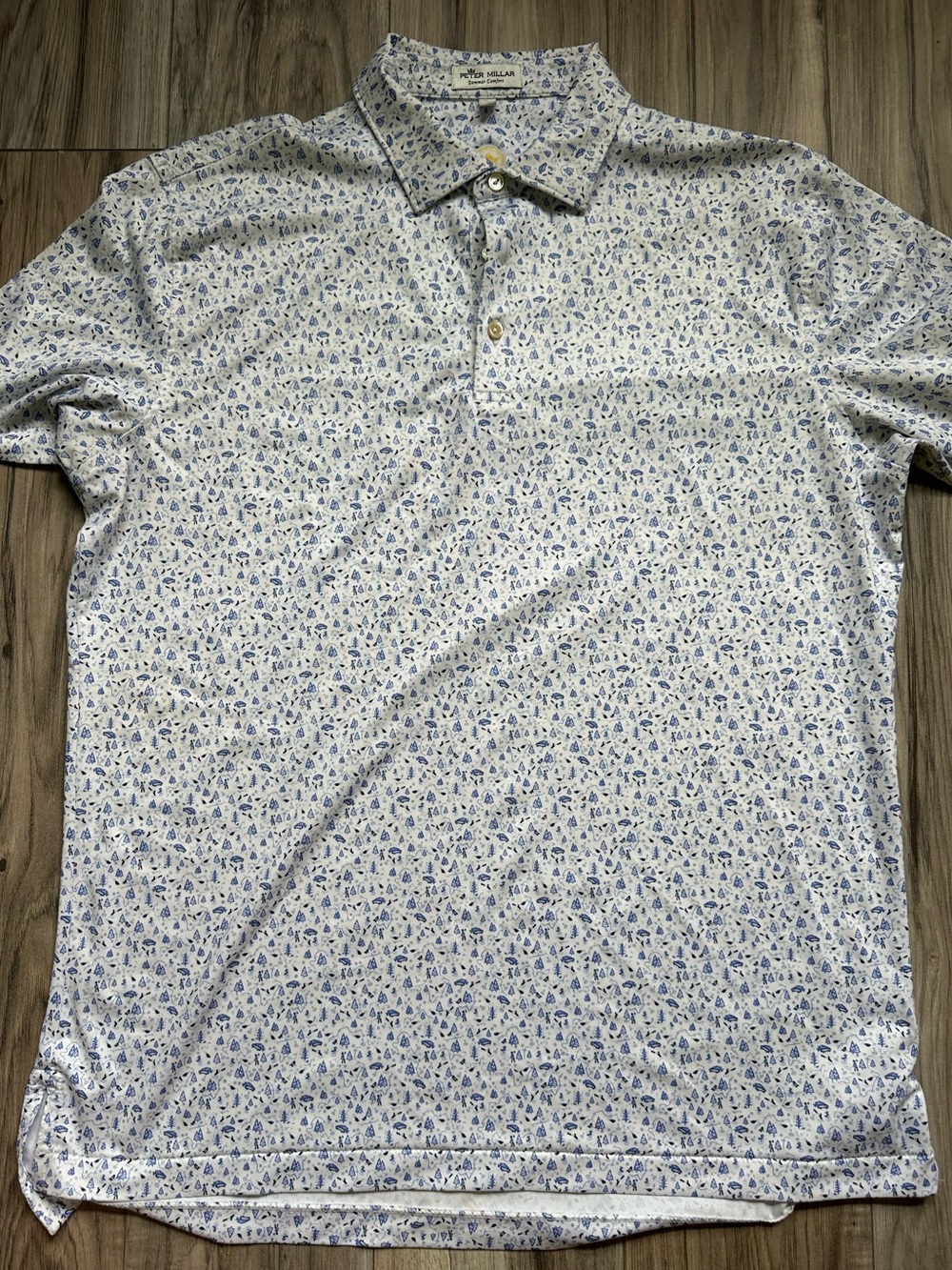 Peter Millar Performance Summer Comfort Golf White Polo with Blue Tree Print M